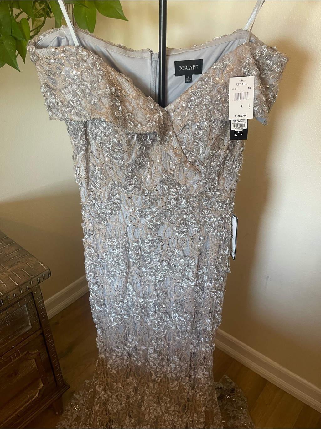 Xscape Silver Beaded One-Shoulder Evening Gown